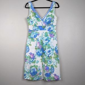 Boden White Blue Floral Sleeveless Faux Wrap Dress